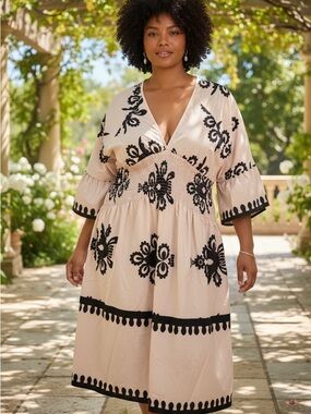 Plus Size Cream Midi Dress with Black Embroidery